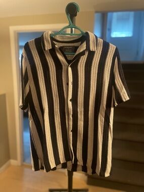 Primark Black & White Vertical Stripe Short-Sleeve Button Shirt